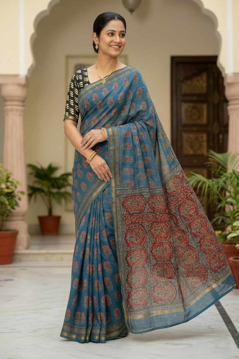 Ajrak Print Cotton Saree with Blouse Piece