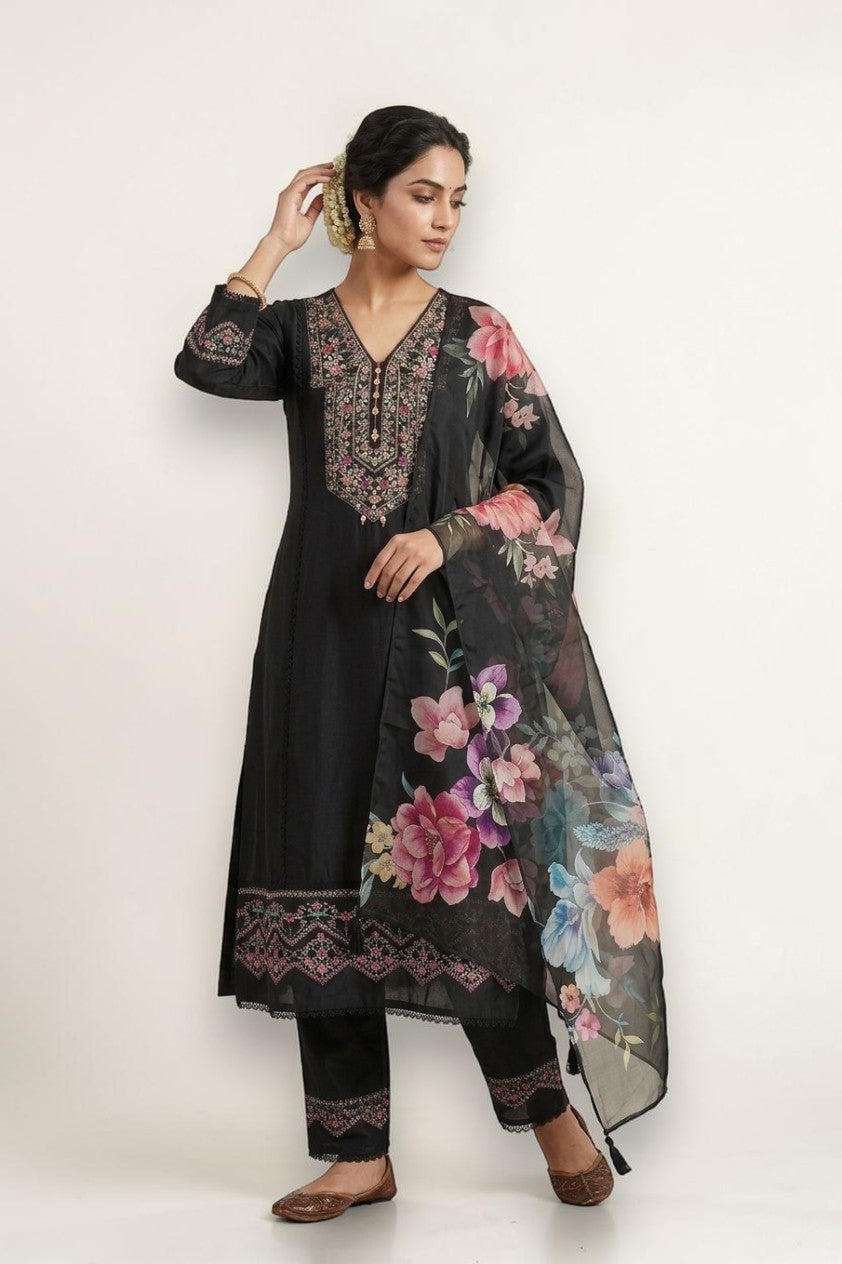 Black Muslin Embroidered Suit Set with Digital Print Organza Dupatta | Elegant Festive Wear