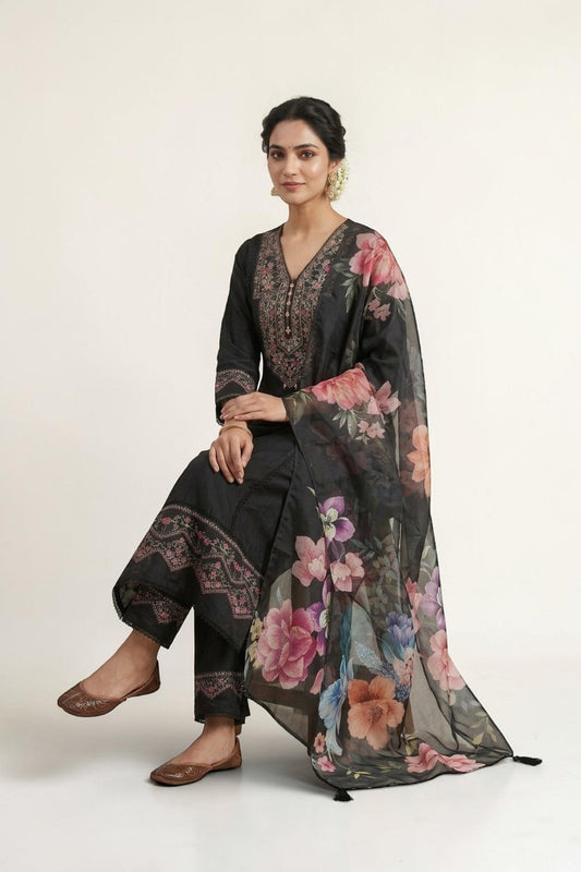 Black Muslin Embroidered Suit Set with Digital Print Organza Dupatta | Elegant Festive Wear