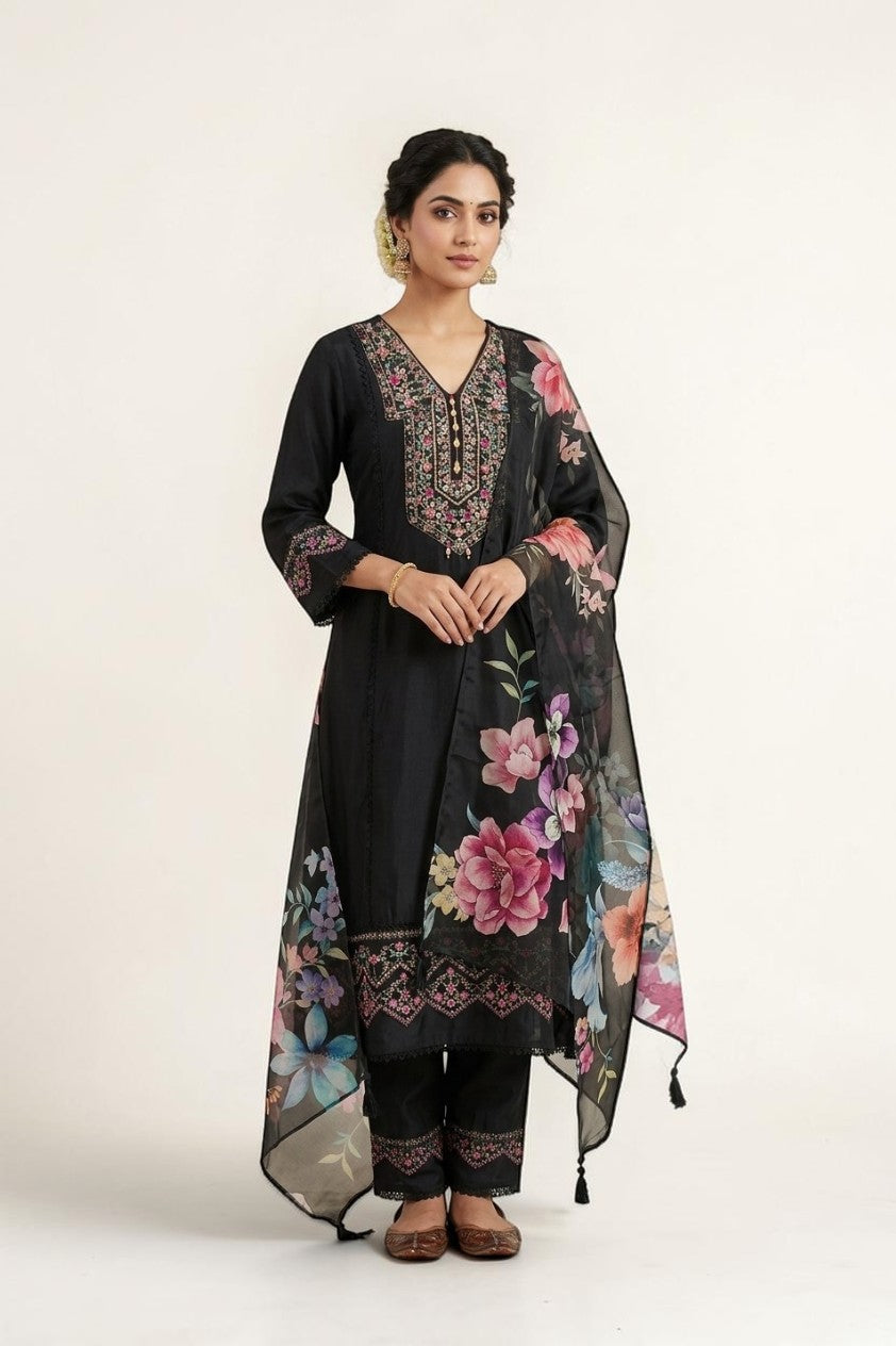 Black Muslin Embroidered Suit Set with Digital Print Organza Dupatta | Elegant Festive Wear