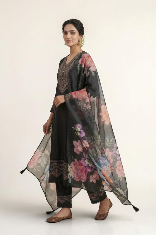 Black Muslin Embroidered Suit Set with Digital Print Organza Dupatta | Elegant Festive Wear