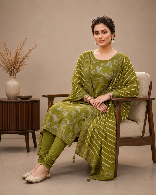Olive Green Cotton Printed Unstitched Suit Set with Dupatta