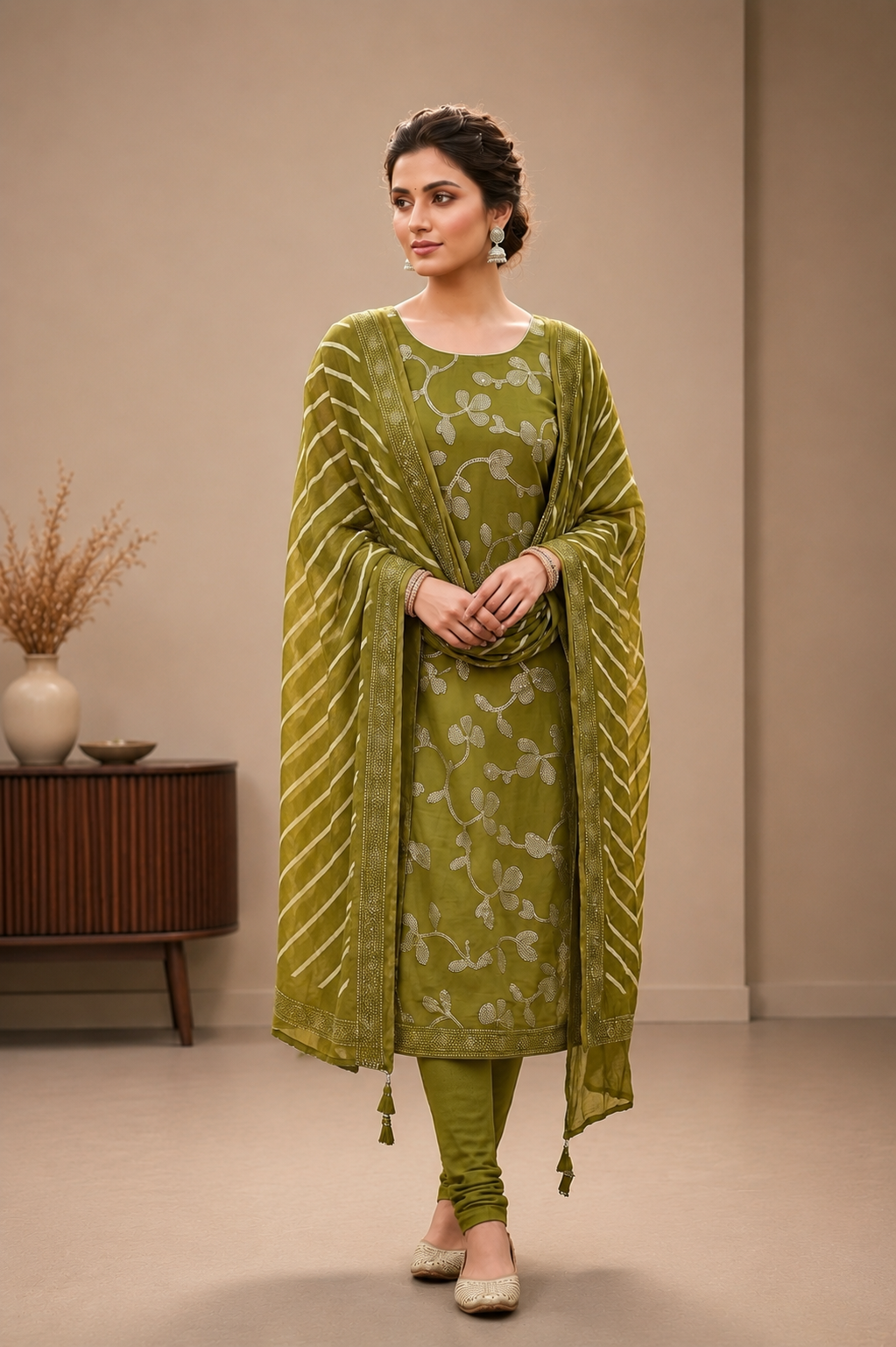 Olive Green Cotton Printed Unstitched Suit Set with Dupatta