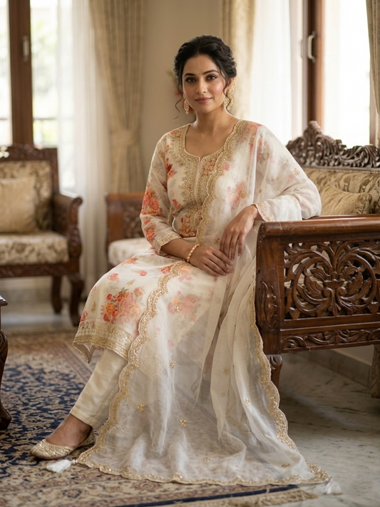 RUDHVIKA Satin Crepe Stitched Salwar Suit with Mirror Work & Organza Dupatta