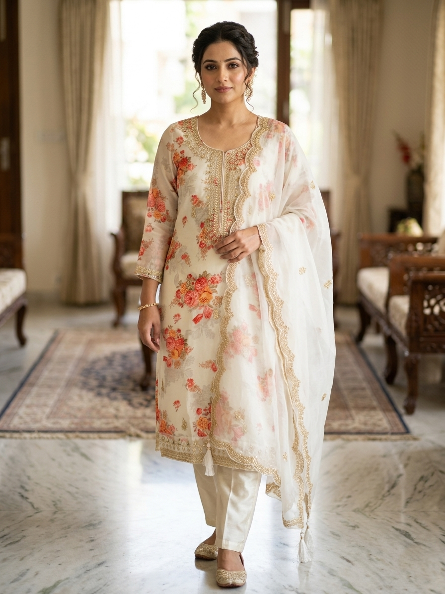 RUDHVIKA Satin Crepe Stitched Salwar Suit with Mirror Work & Organza Dupatta