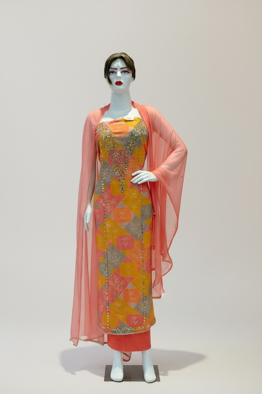 Glass Organza Unstitched Suit with Chiffon Dupatta