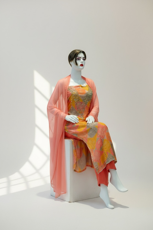 Glass Organza Unstitched Suit with Chiffon Dupatta