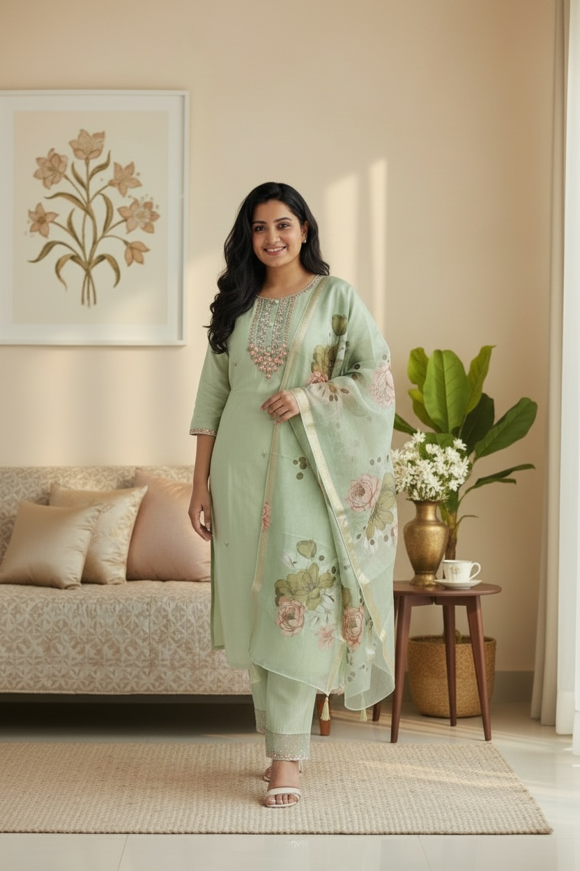 Elegant Mul-Muslin Suit Set with Banarasi Organza Dupatta for Women | Lightweight Ethnic Wear