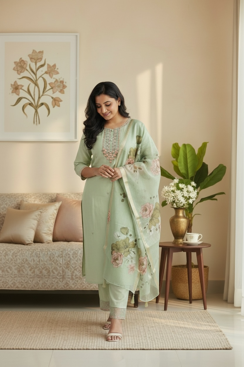 Elegant Mul-Muslin Suit Set with Banarasi Organza Dupatta for Women | Lightweight Ethnic Wear
