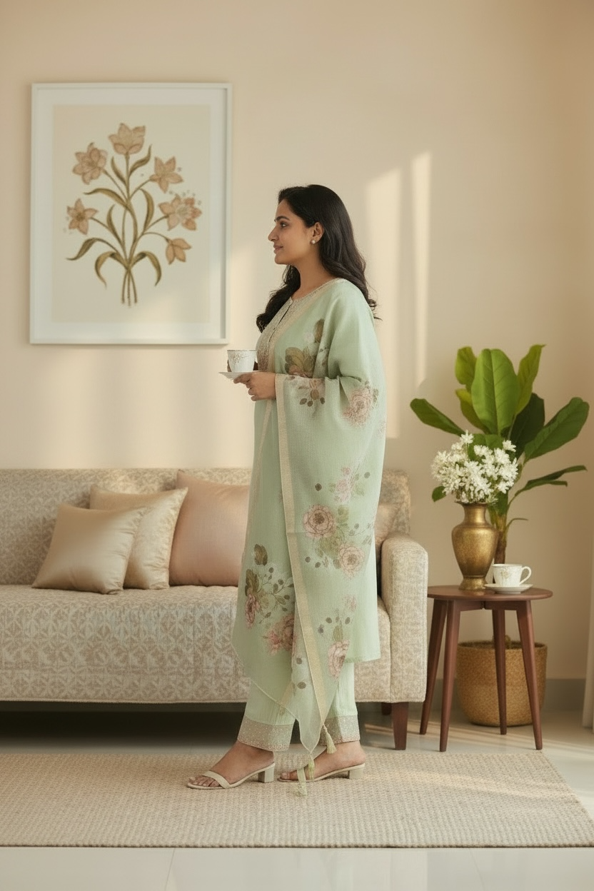 Elegant Mul-Muslin Suit Set with Banarasi Organza Dupatta for Women | Lightweight Ethnic Wear