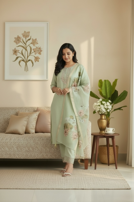Elegant Mul-Muslin Suit Set with Banarasi Organza Dupatta for Women | Lightweight Ethnic Wear