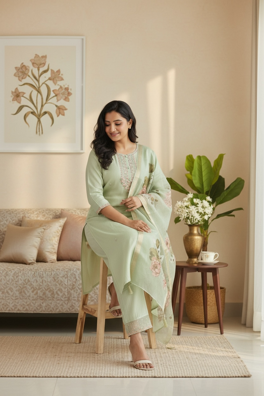Elegant Mul-Muslin Suit Set with Banarasi Organza Dupatta for Women | Lightweight Ethnic Wear