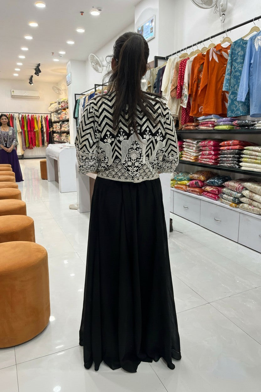 Black & White Printed Indo-Western Co-ord Set with Jacket – Free Size