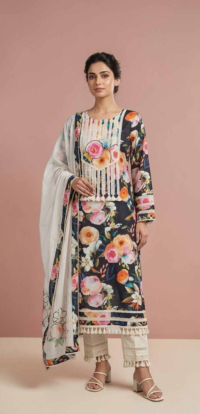 Premium Cotton Floral Kurta Set with Elegant Patchwork Dupatta - Unstitched