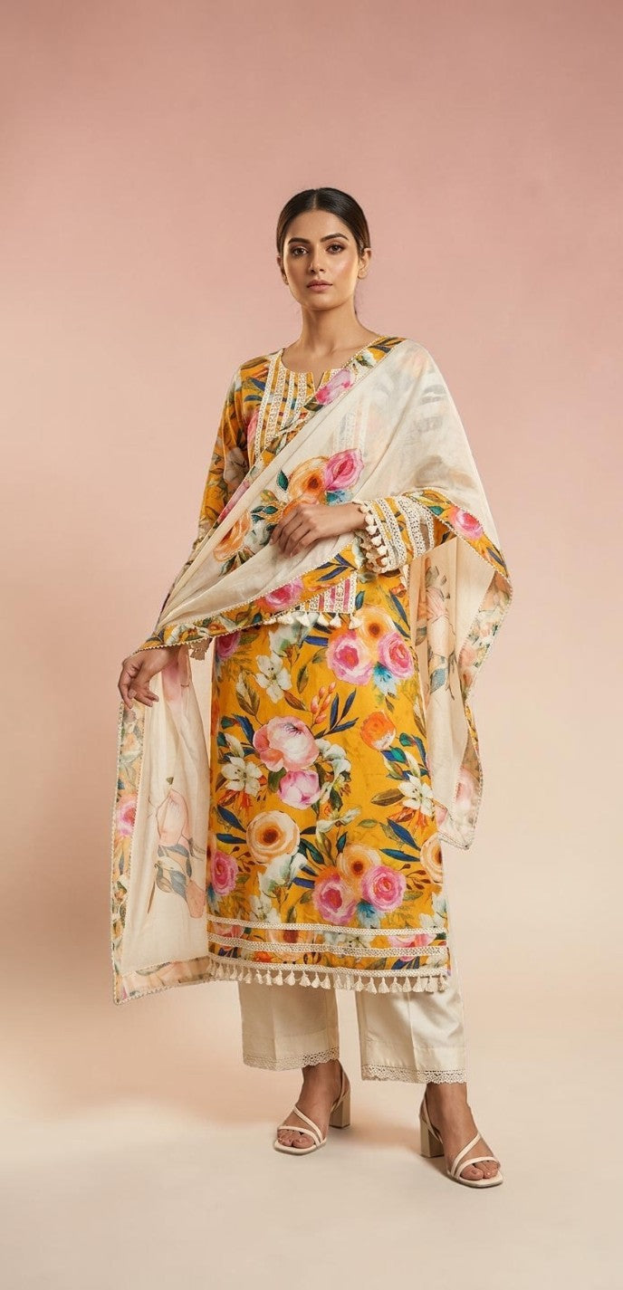 Premium Cotton Floral Kurta Set with Elegant Patchwork Dupatta - Unstitched
