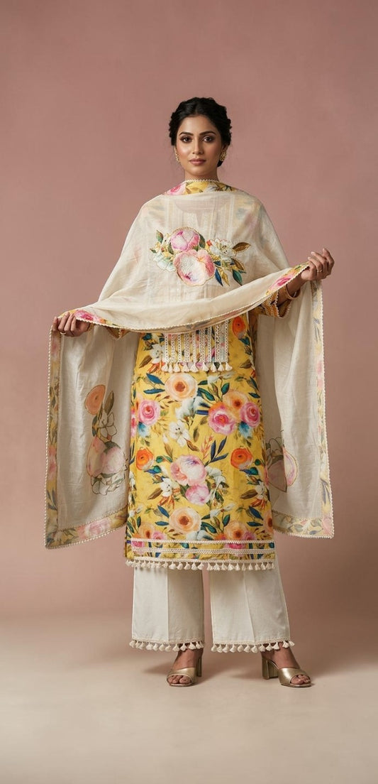 Premium Cotton Floral Kurta Set with Elegant Patchwork Dupatta - Unstitched