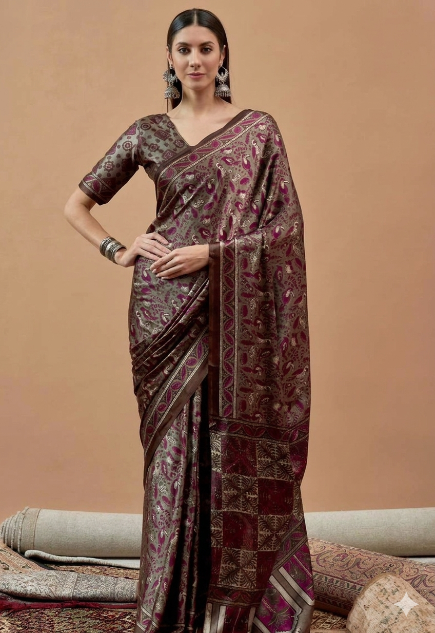 Elegant Wine & Olive Printed Modal Satin Saree with Tassels – Soft Drape | RUDHVIKA