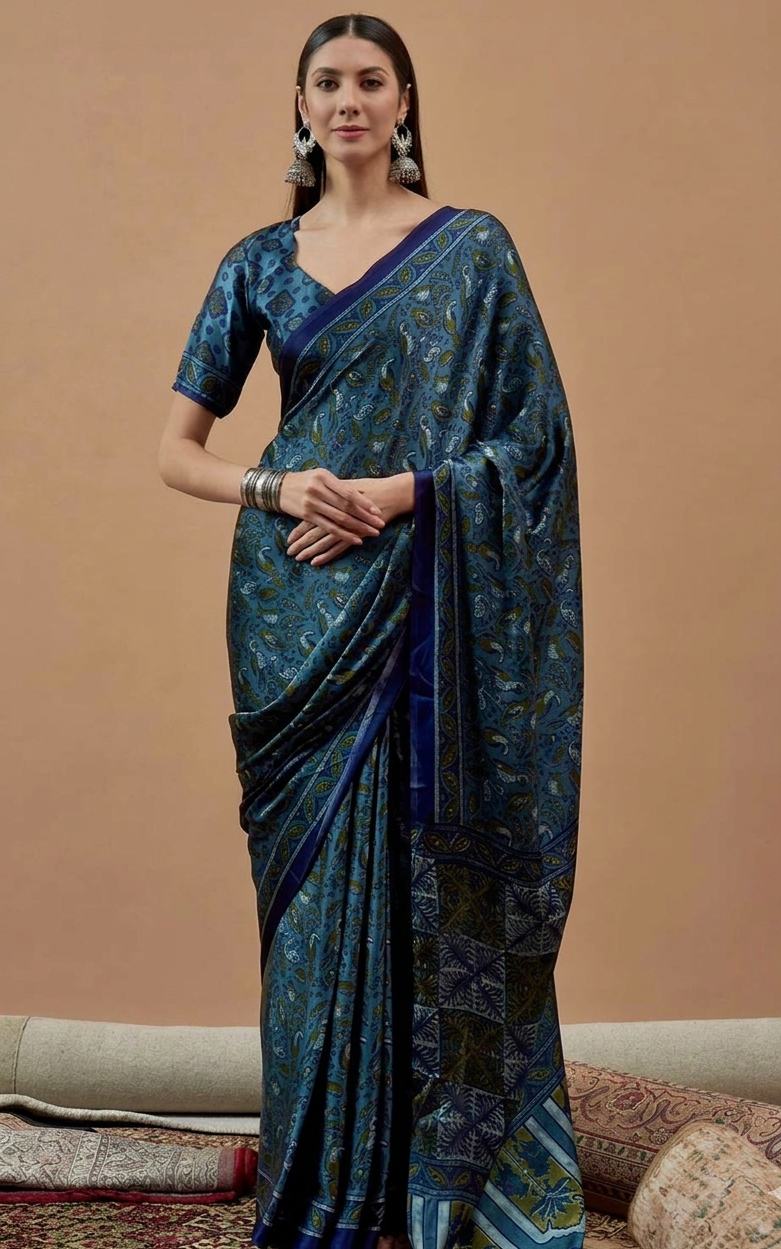 Elegant Teal & Navy Printed Modal Satin Saree with Tassels – Luxe Drape | RUDHVIKA