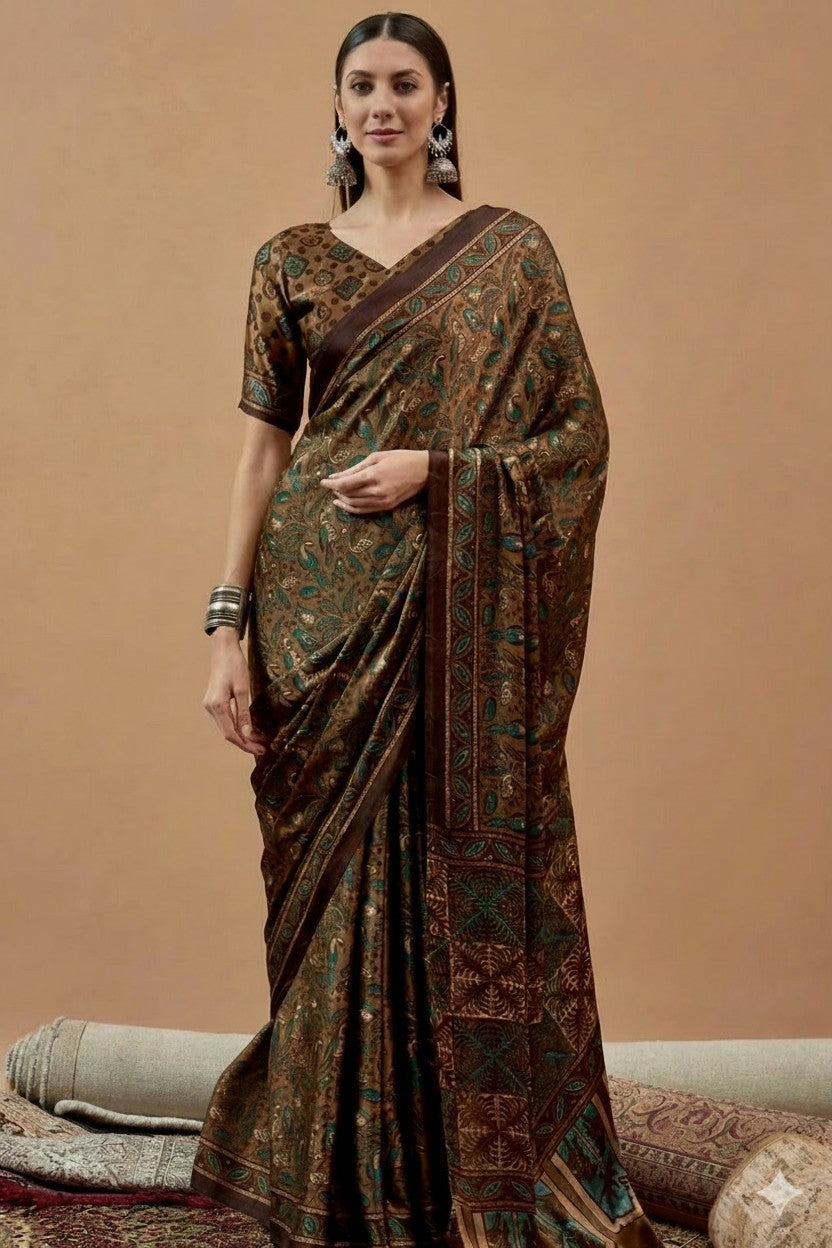 Elegant Brown & Teal Printed Modal Satin Saree with Tassels – Rich Ethnic Drape | RUDHVIKA By Ankita Fashions