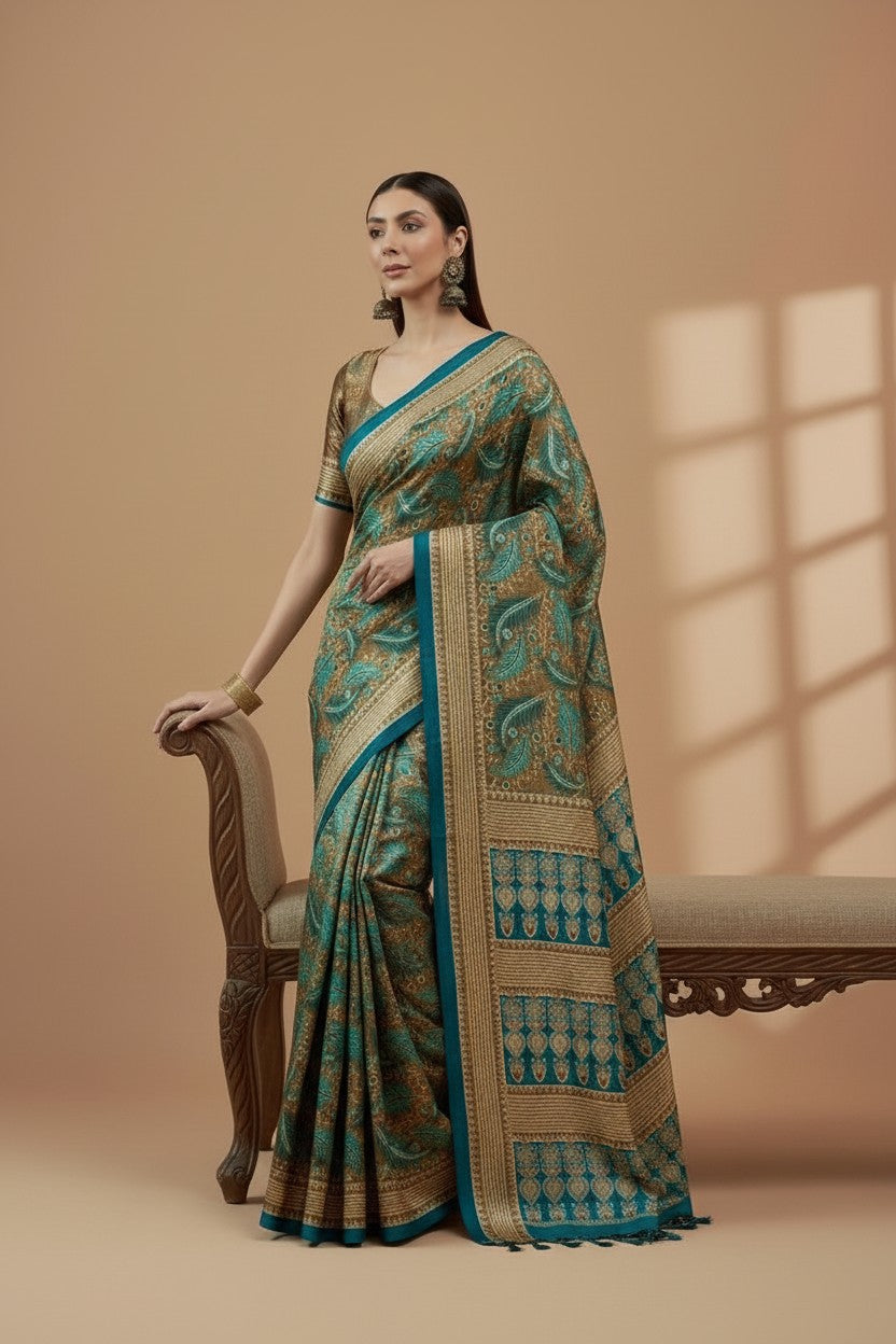 Elegant Teal & Gold Printed Modal Satin Saree with Tassels – Royal Ethnic Drape | RUDHVIKA By Ankita Fashions