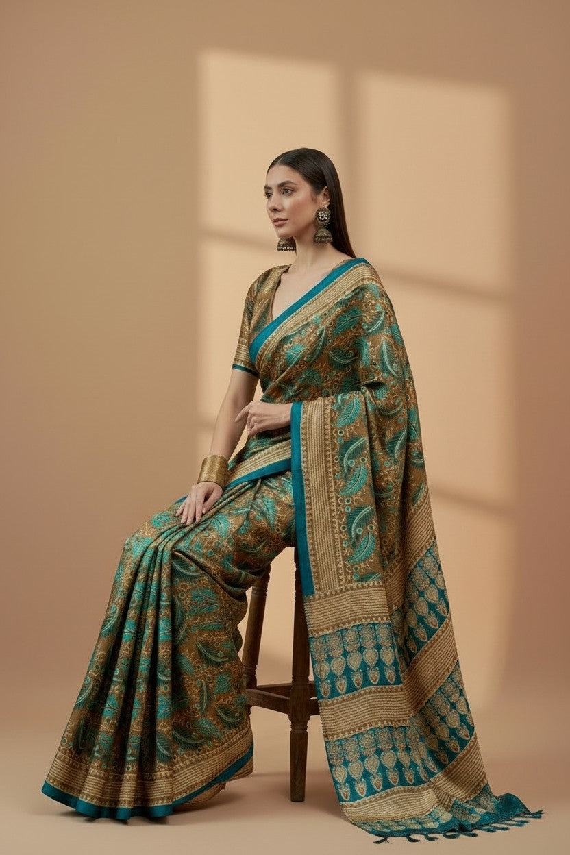 Elegant Teal & Gold Printed Modal Satin Saree with Tassels – Royal Ethnic Drape | RUDHVIKA By Ankita Fashions
