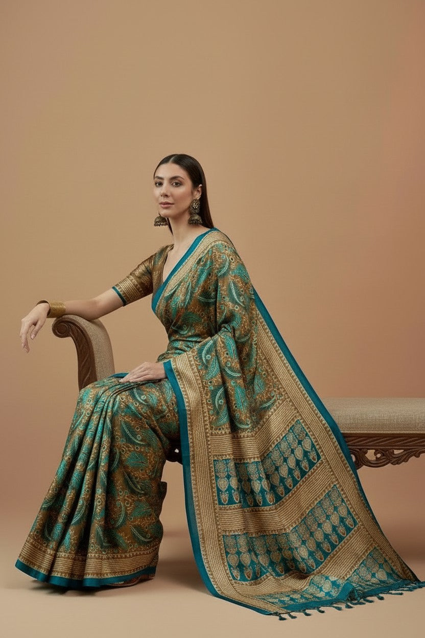 Elegant Teal & Gold Printed Modal Satin Saree with Tassels – Royal Ethnic Drape | RUDHVIKA By Ankita Fashions
