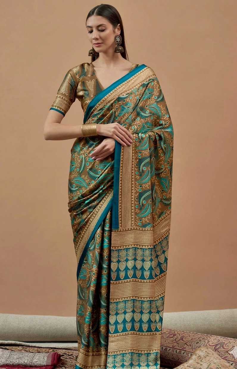Elegant Teal & Gold Printed Modal Satin Saree with Tassels – Royal Ethnic Drape | RUDHVIKA By Ankita Fashions