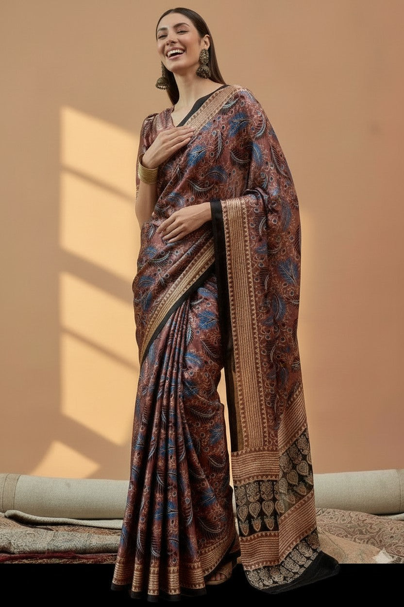Brown Printed Modal Satin Saree with Tassel Pallu | RUDHVIKA By Ankita Fashions