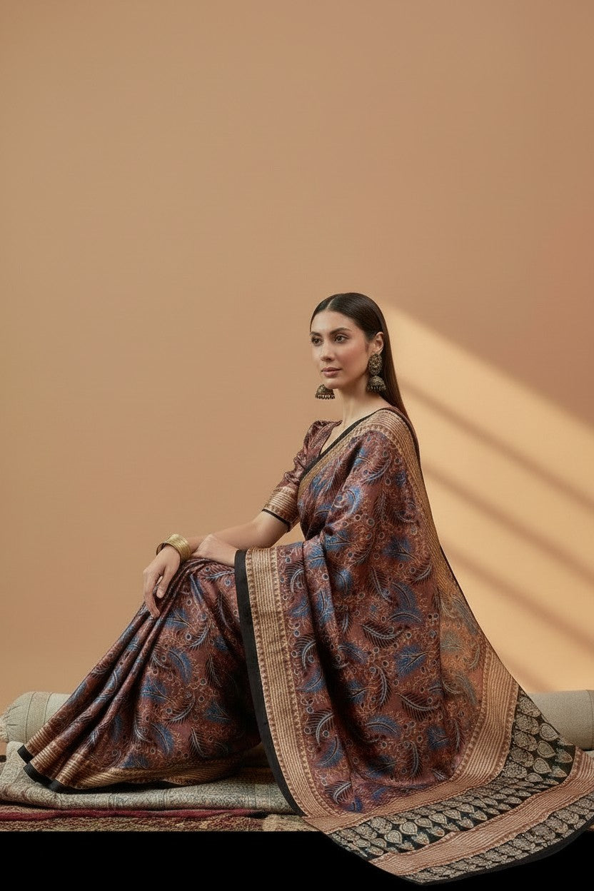 Brown Printed Modal Satin Saree with Tassel Pallu | RUDHVIKA By Ankita Fashions