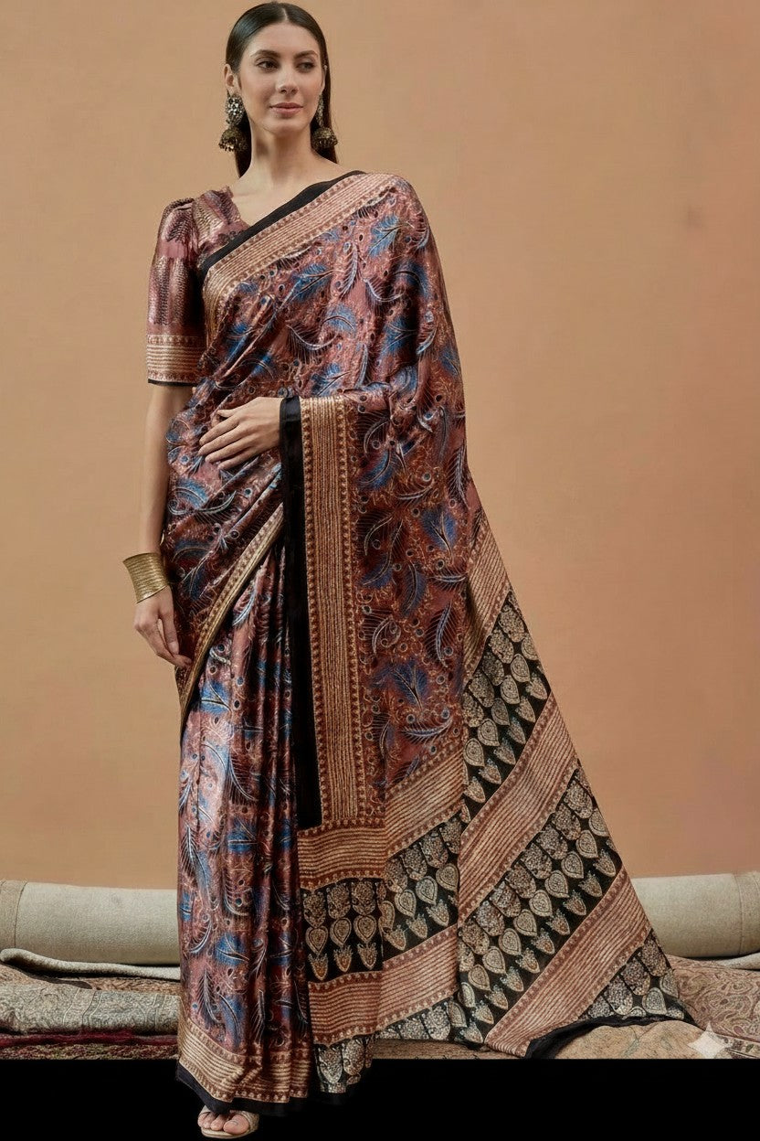 Brown Printed Modal Satin Saree with Tassel Pallu | RUDHVIKA By Ankita Fashions
