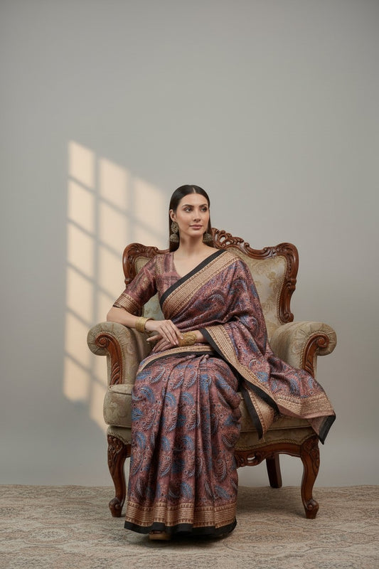 Brown Printed Modal Satin Saree with Tassel Pallu | RUDHVIKA By Ankita Fashions