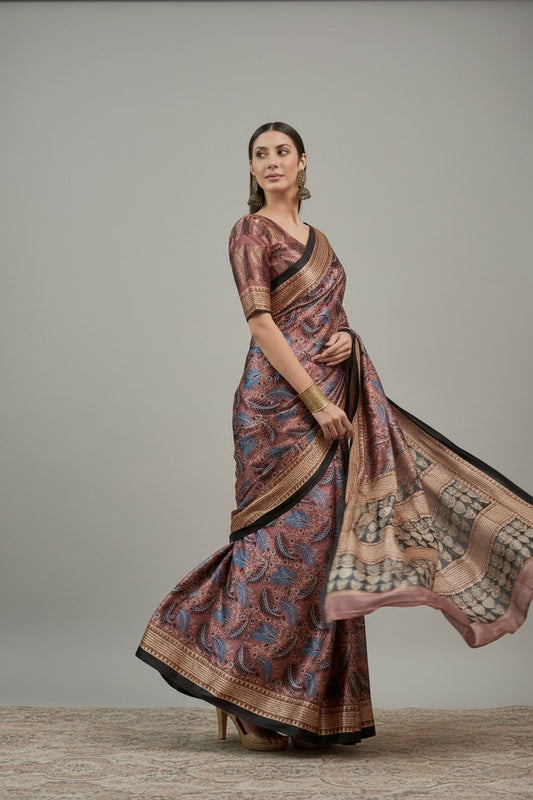 Brown Printed Modal Satin Saree with Tassel Pallu | RUDHVIKA By Ankita Fashions