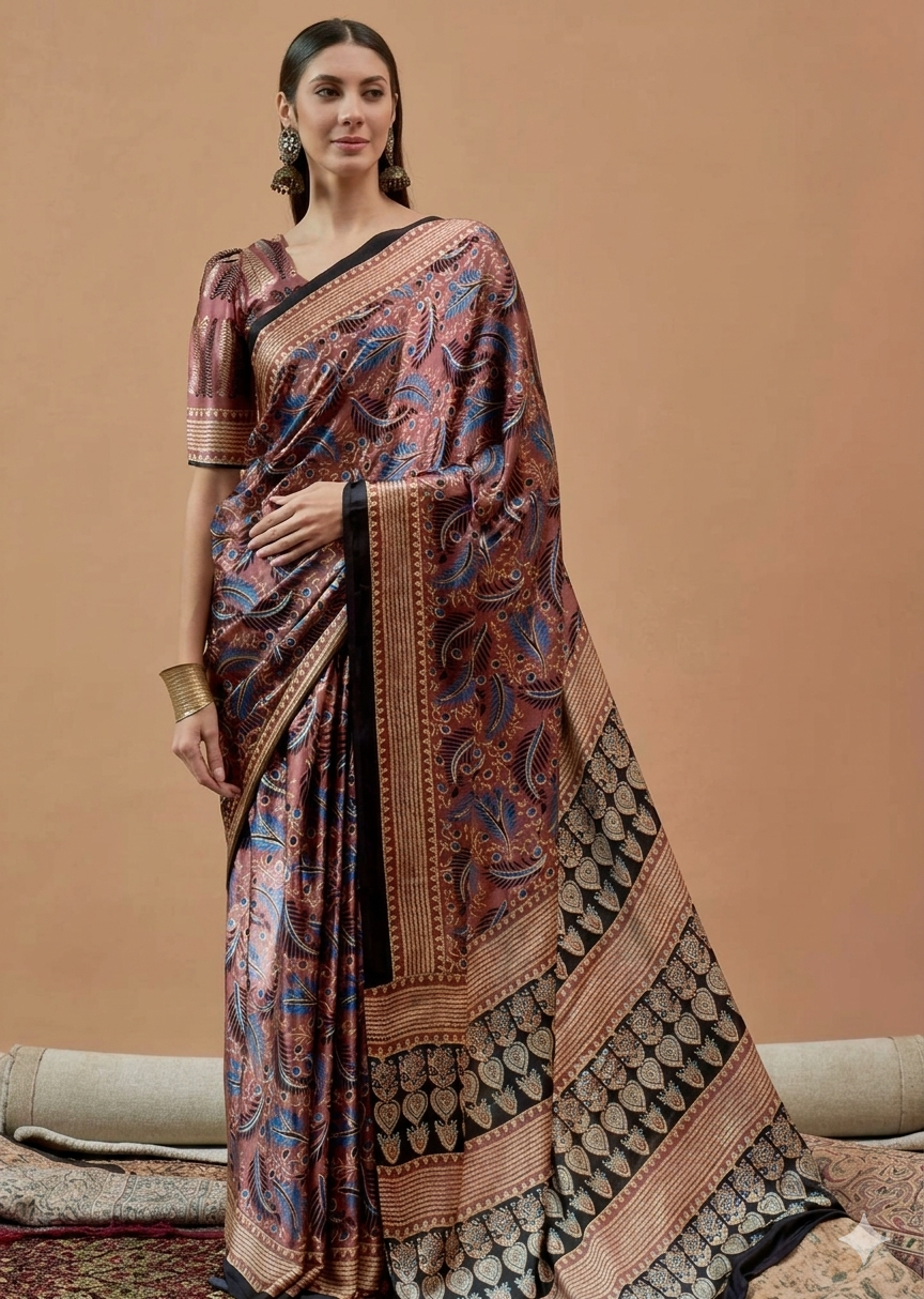 Brown Printed Modal Satin Saree with Tassel Pallu | RUDHVIKA By Ankita Fashions