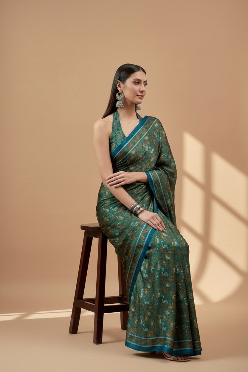 Green Printed Modal Satin Saree with Tassel Pallu |RUDHVIKA By Ankita Fashions