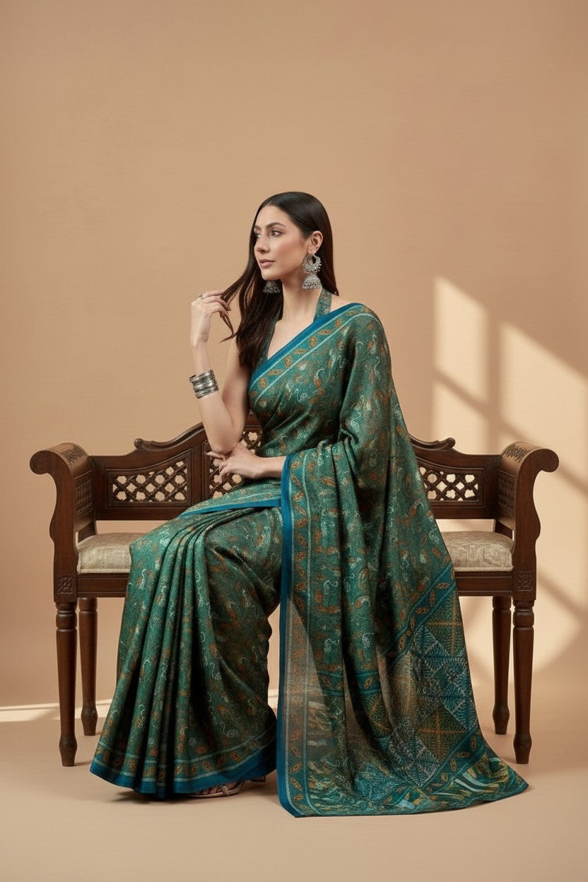 Green Printed Modal Satin Saree with Tassel Pallu |RUDHVIKA By Ankita Fashions