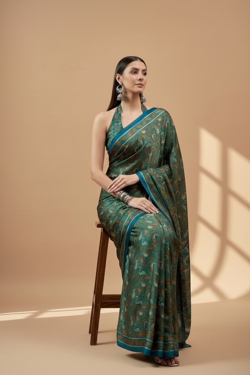 Green Printed Modal Satin Saree with Tassel Pallu |RUDHVIKA By Ankita Fashions