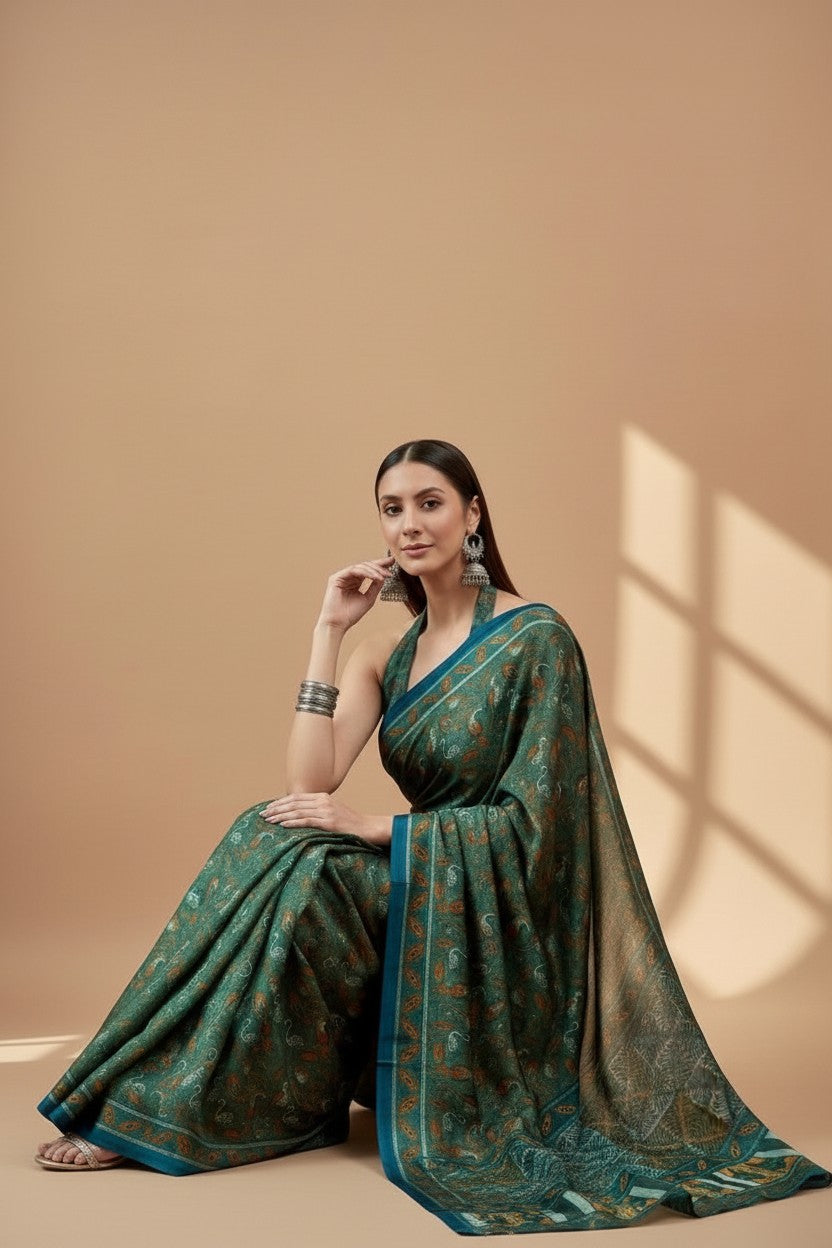 Green Printed Modal Satin Saree with Tassel Pallu |RUDHVIKA By Ankita Fashions