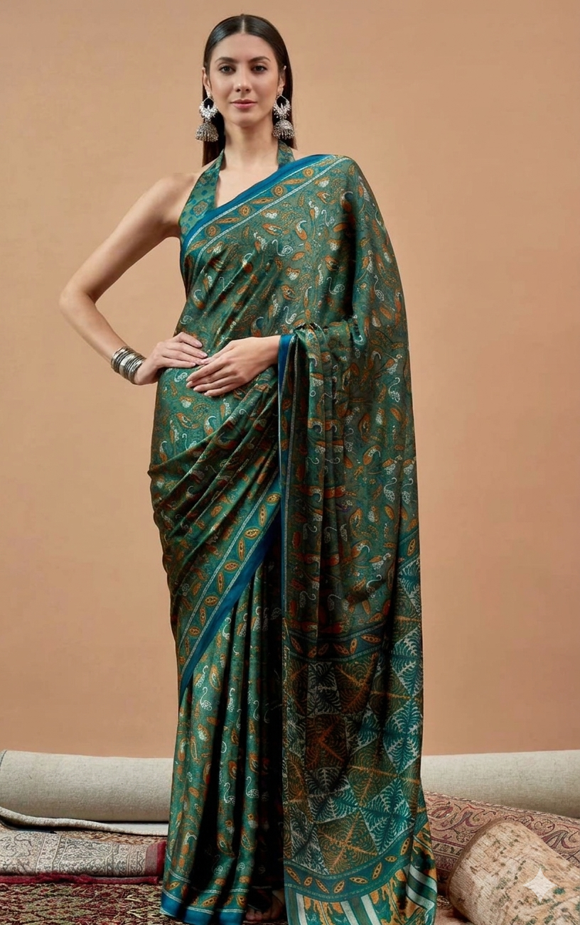 Green Printed Modal Satin Saree with Tassel Pallu |RUDHVIKA By Ankita Fashions