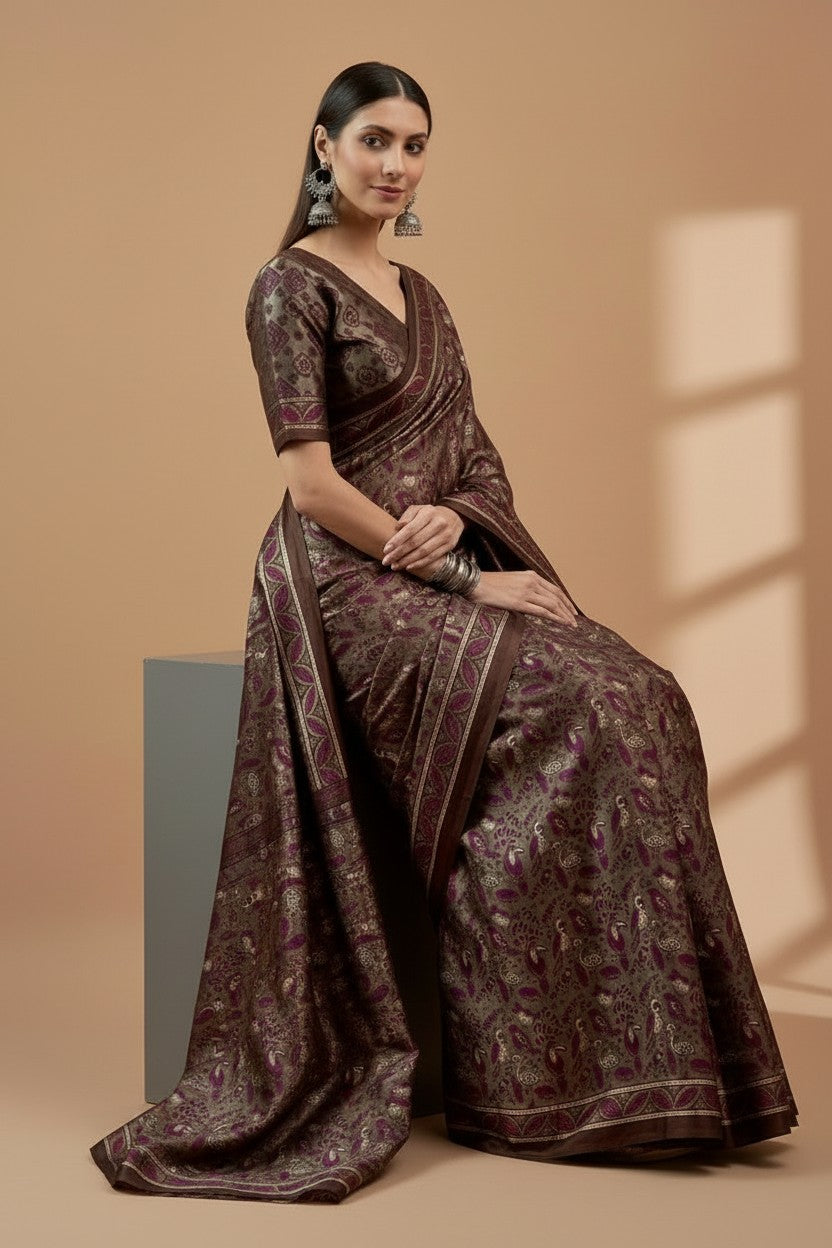 Elegant Wine & Olive Printed Modal Satin Saree with Tassels – Soft Drape | RUDHVIKA