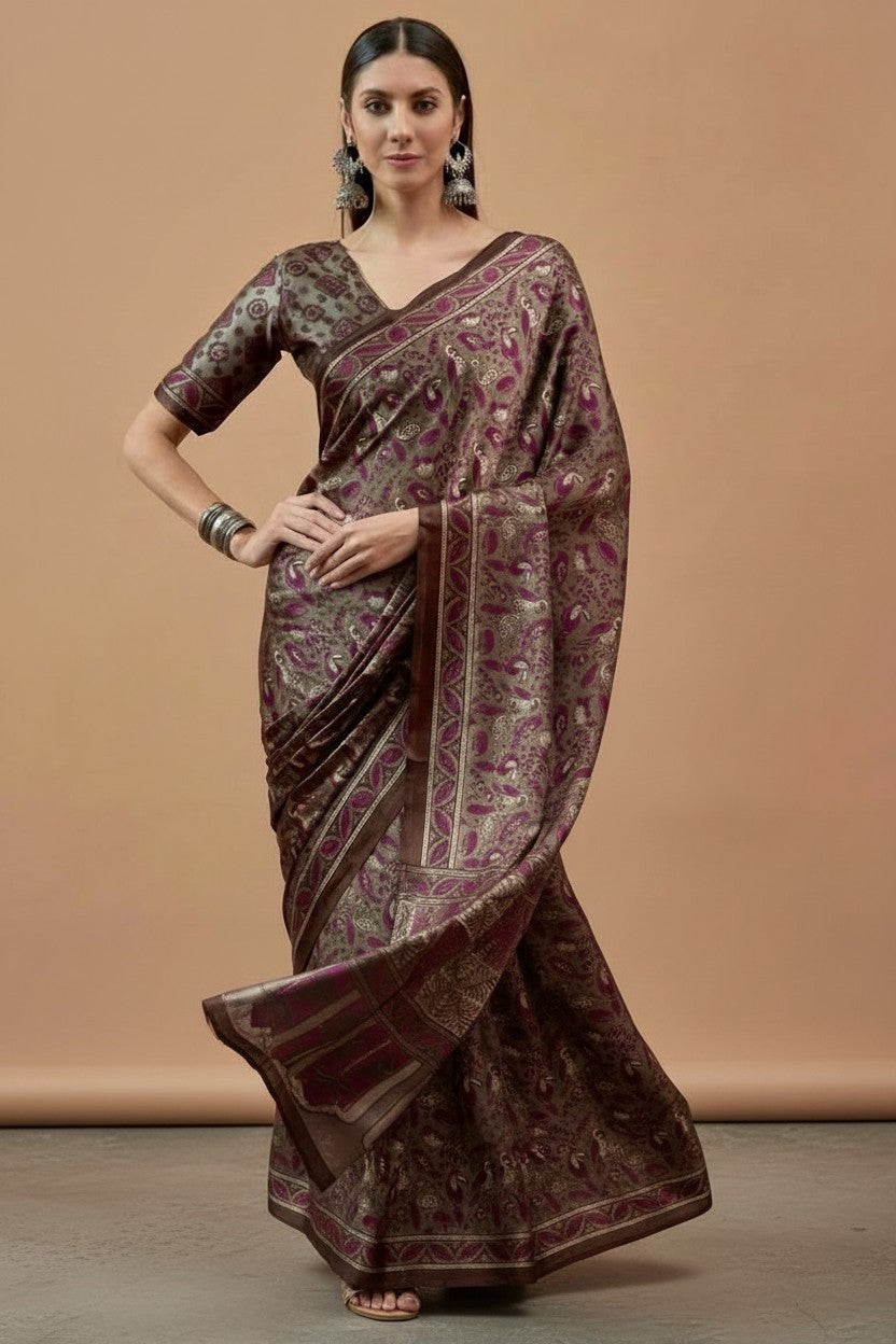 Elegant Wine & Olive Printed Modal Satin Saree with Tassels – Soft Drape | RUDHVIKA