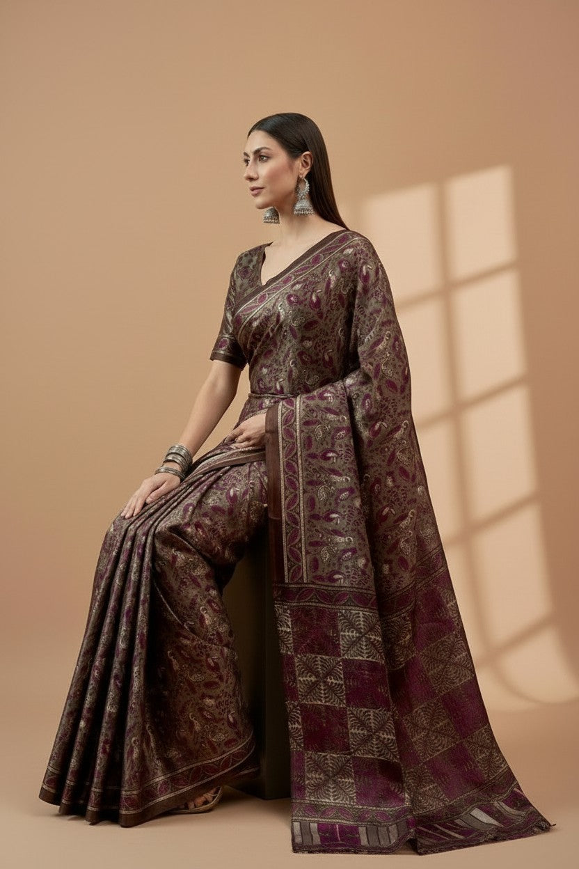 Elegant Wine & Olive Printed Modal Satin Saree with Tassels – Soft Drape | RUDHVIKA