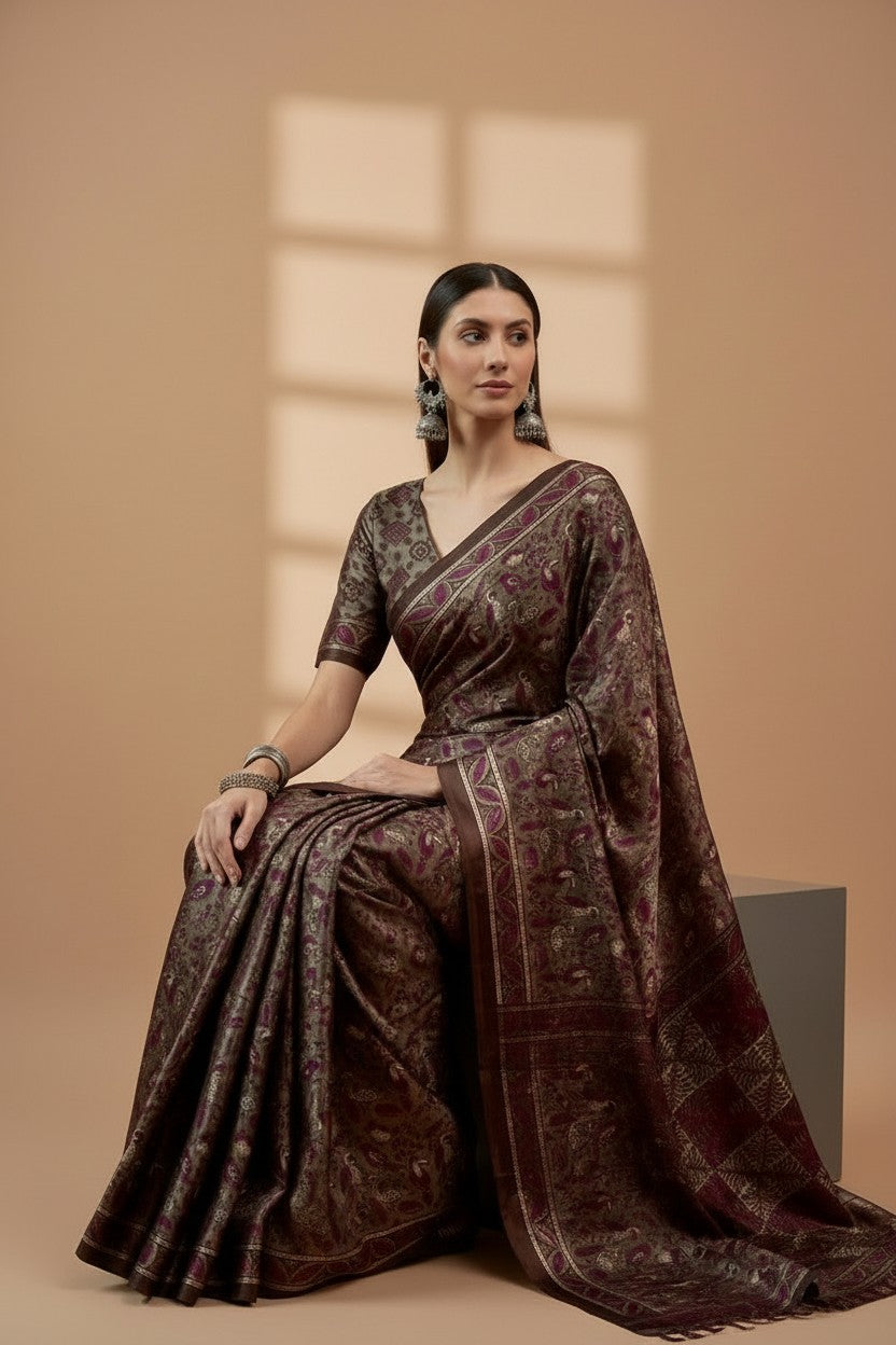 Elegant Wine & Olive Printed Modal Satin Saree with Tassels – Soft Drape | RUDHVIKA