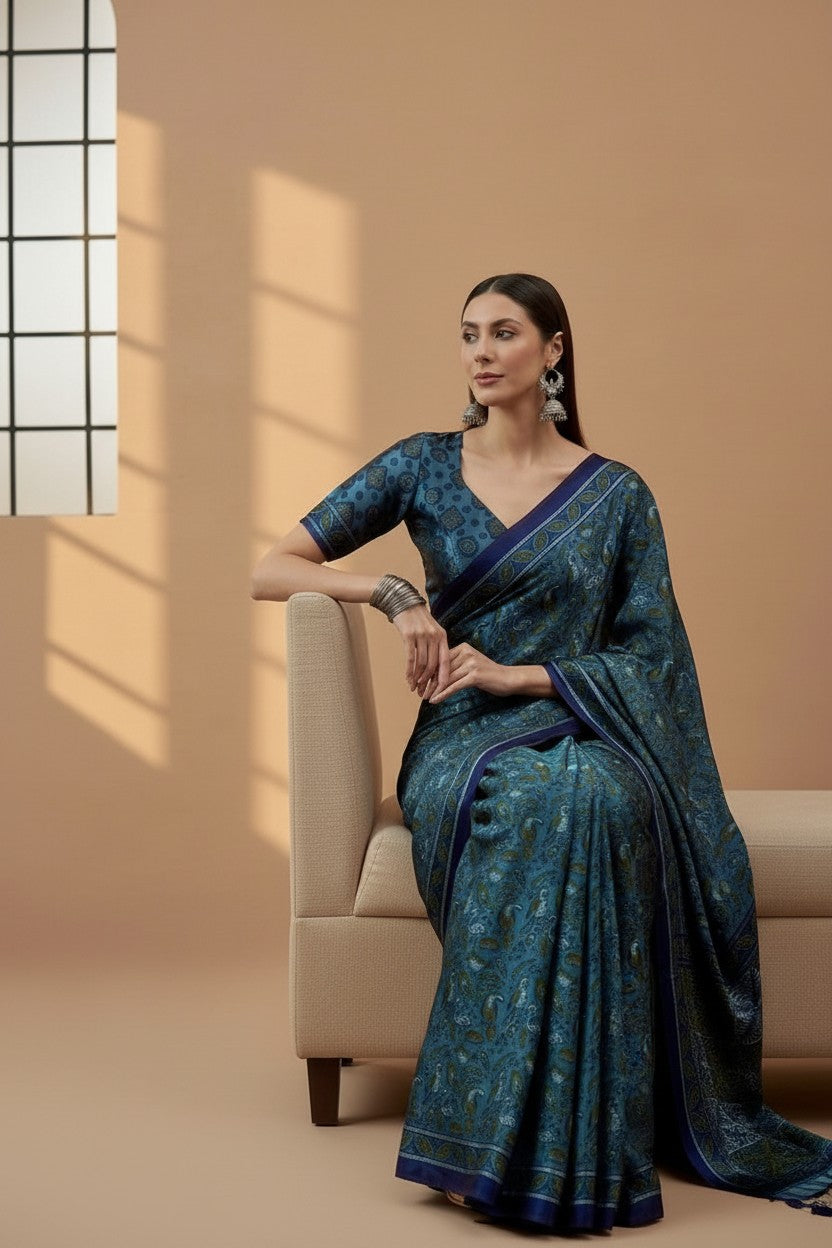 Elegant Teal & Navy Printed Modal Satin Saree with Tassels – Luxe Drape | RUDHVIKA