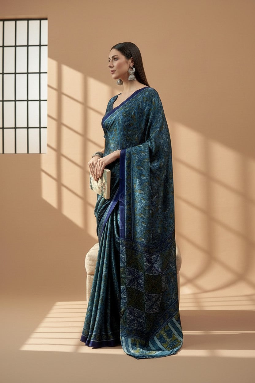 Elegant Teal & Navy Printed Modal Satin Saree with Tassels – Luxe Drape | RUDHVIKA