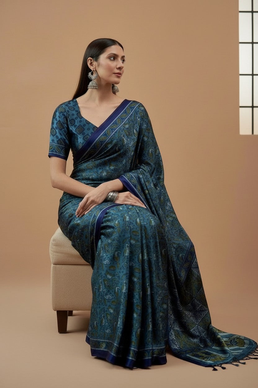 Elegant Teal & Navy Printed Modal Satin Saree with Tassels – Luxe Drape | RUDHVIKA