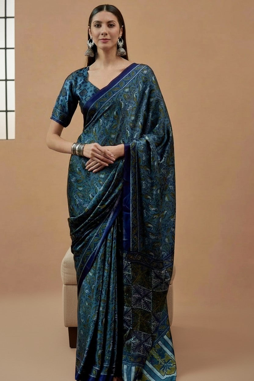 Elegant Teal & Navy Printed Modal Satin Saree with Tassels – Luxe Drape | RUDHVIKA