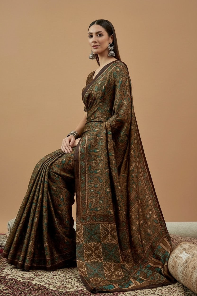 Elegant Brown & Teal Printed Modal Satin Saree with Tassels – Rich Ethnic Drape | RUDHVIKA By Ankita Fashions