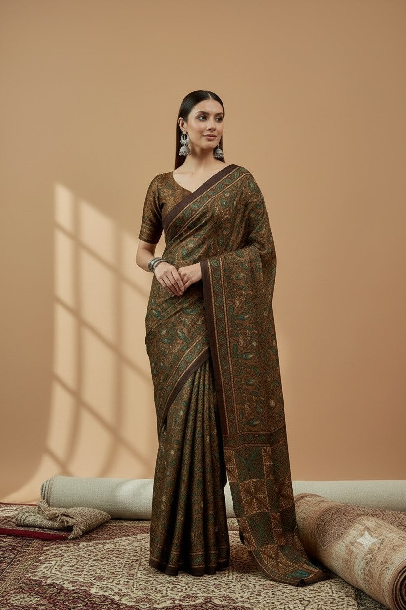 Elegant Brown & Teal Printed Modal Satin Saree with Tassels – Rich Ethnic Drape | RUDHVIKA By Ankita Fashions