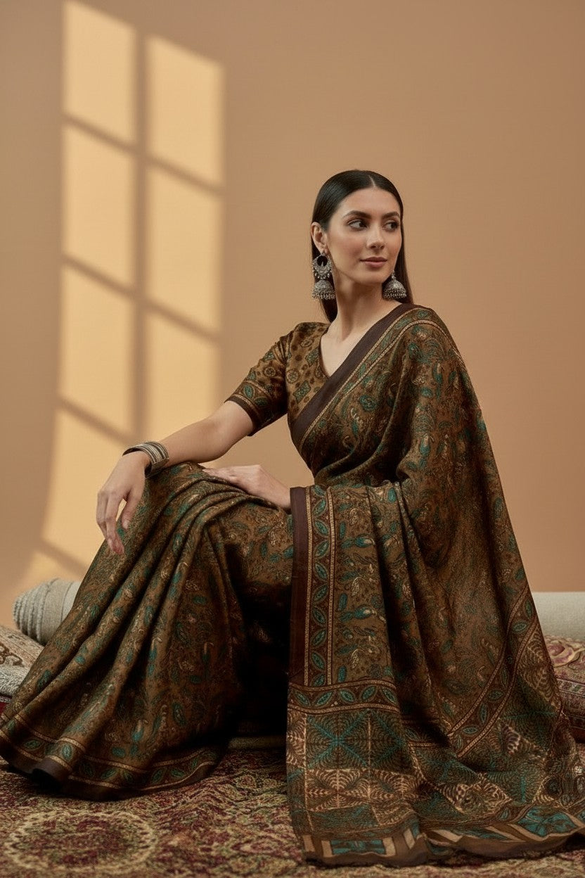 Elegant Brown & Teal Printed Modal Satin Saree with Tassels – Rich Ethnic Drape | RUDHVIKA By Ankita Fashions