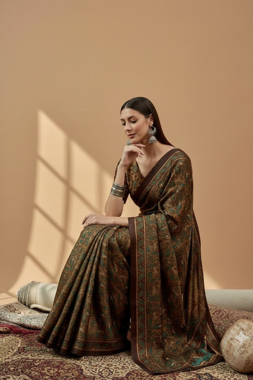 Elegant Brown & Teal Printed Modal Satin Saree with Tassels – Rich Ethnic Drape | RUDHVIKA By Ankita Fashions